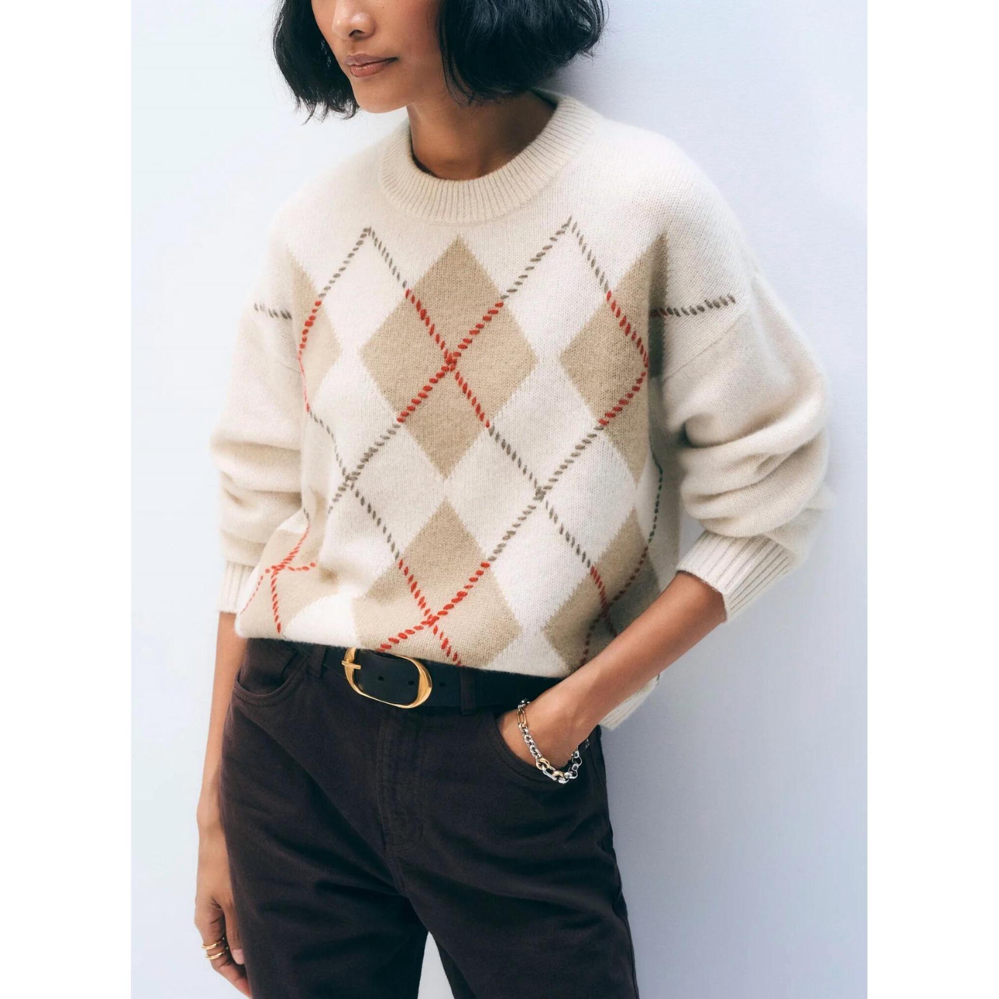 New White + Warren Cashmere Argyle Crew Sweater In Natural Combo